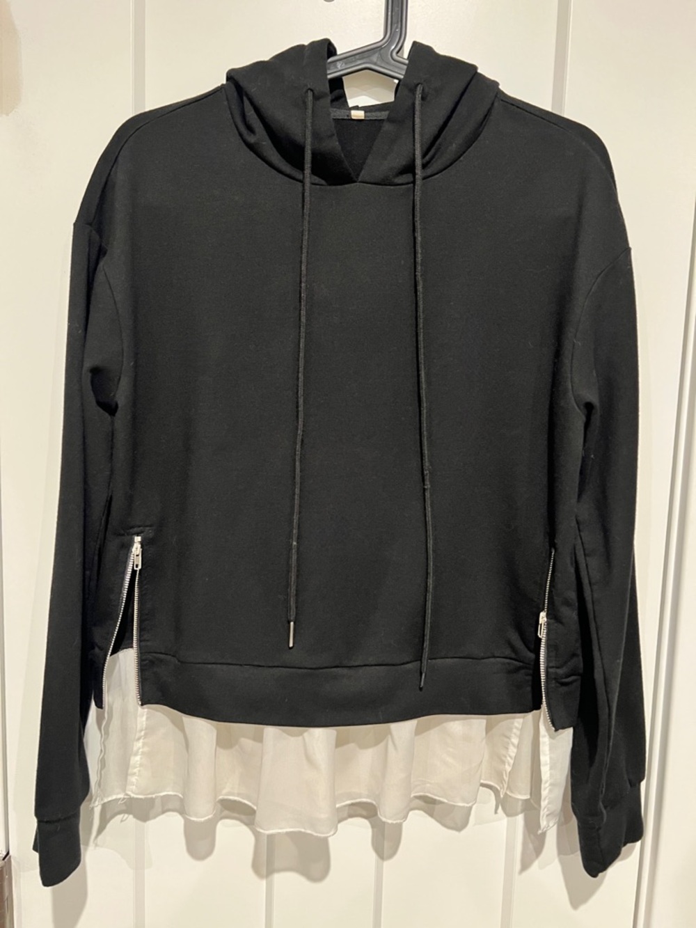 Black Layered Hoodie Top with Sheer Hem